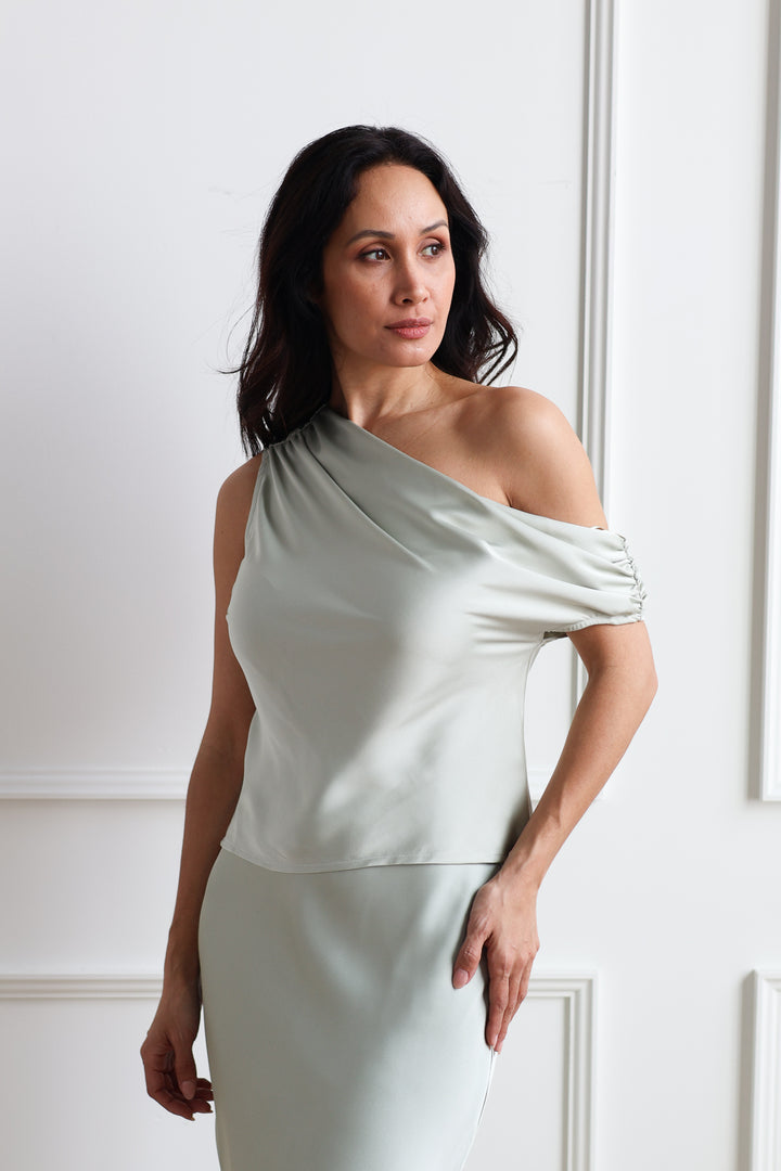 Sage Satin Asymmetrical Top