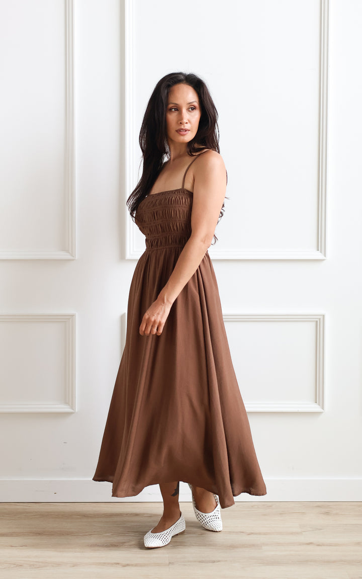 Smocked Midi Dress - Coffee