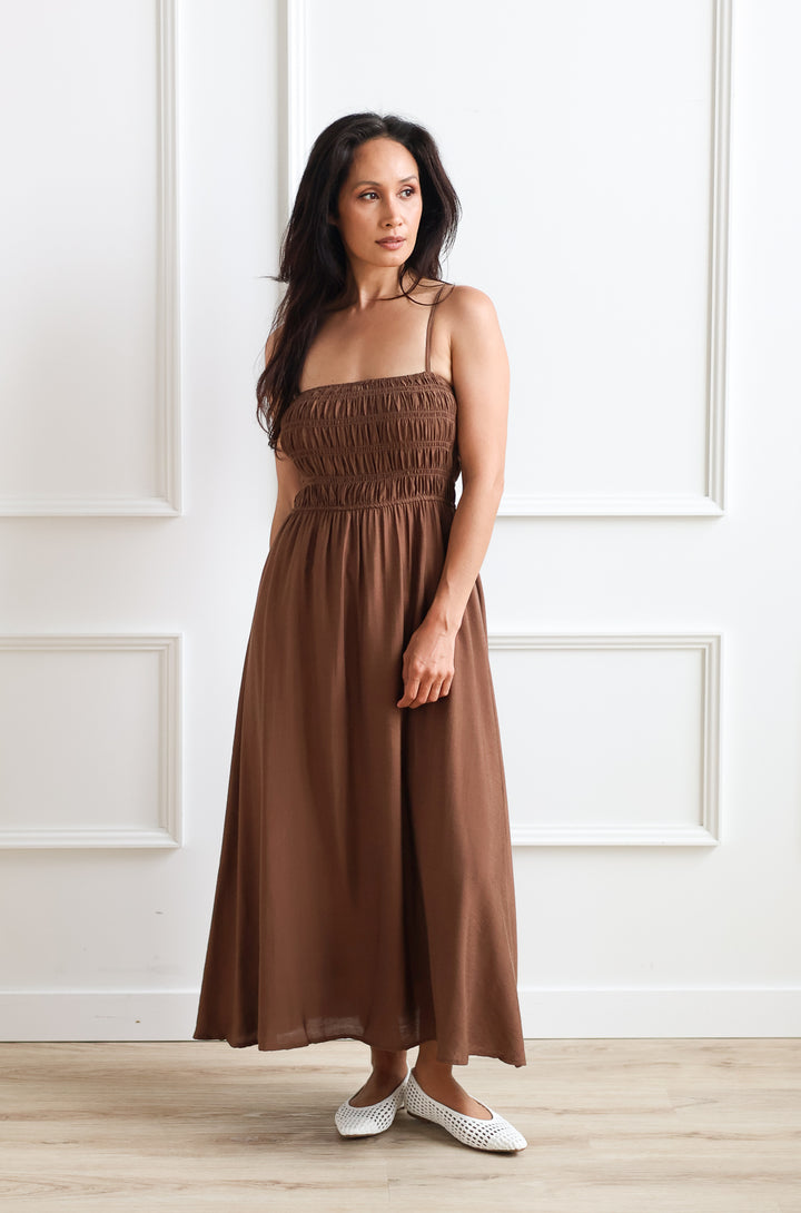 Smocked Midi Dress - Coffee