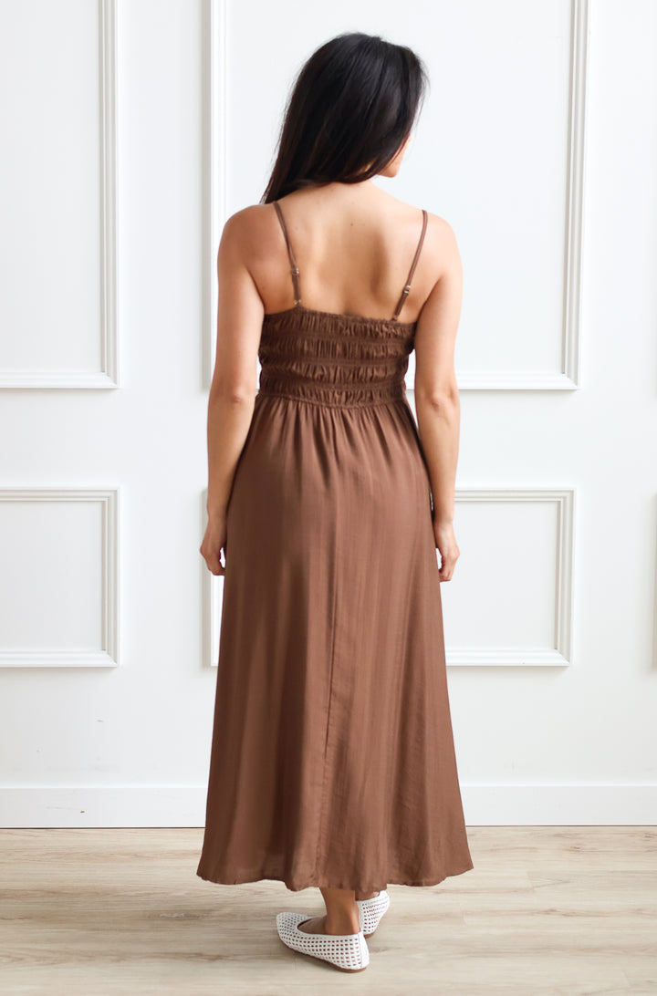 Smocked Midi Dress - Coffee