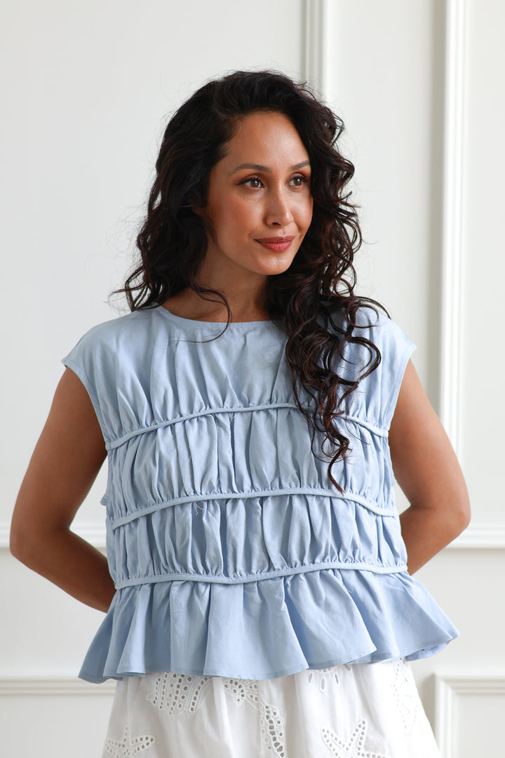 Sky Blue Ruched Peplum Top