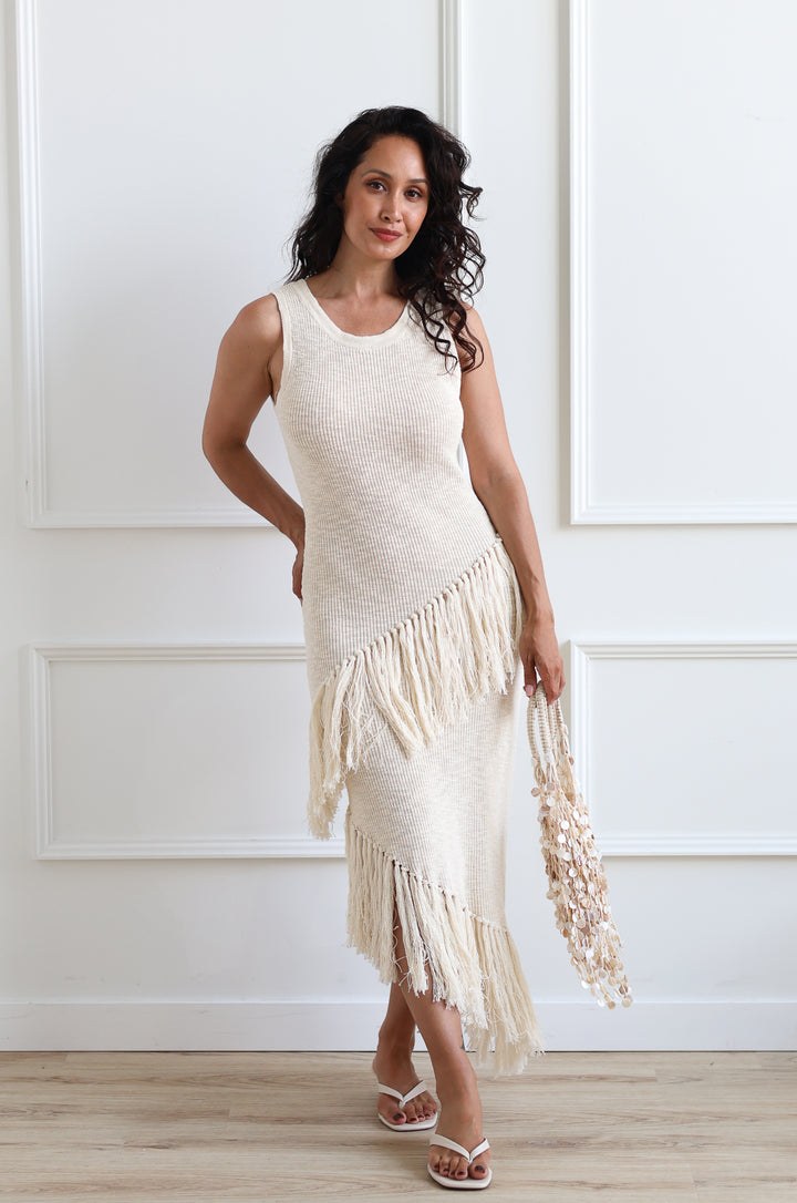 Asymmetrical Fringe Midi - Sea Salt