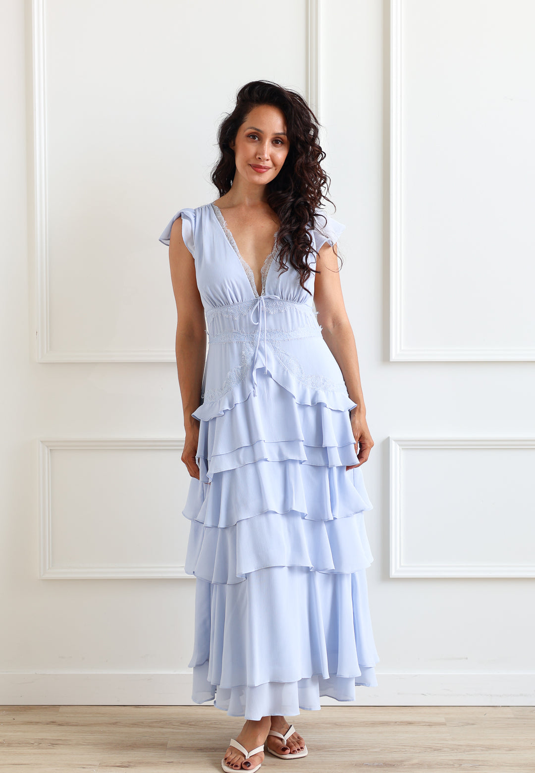 Ruffled Plunge Midi - Cornflower