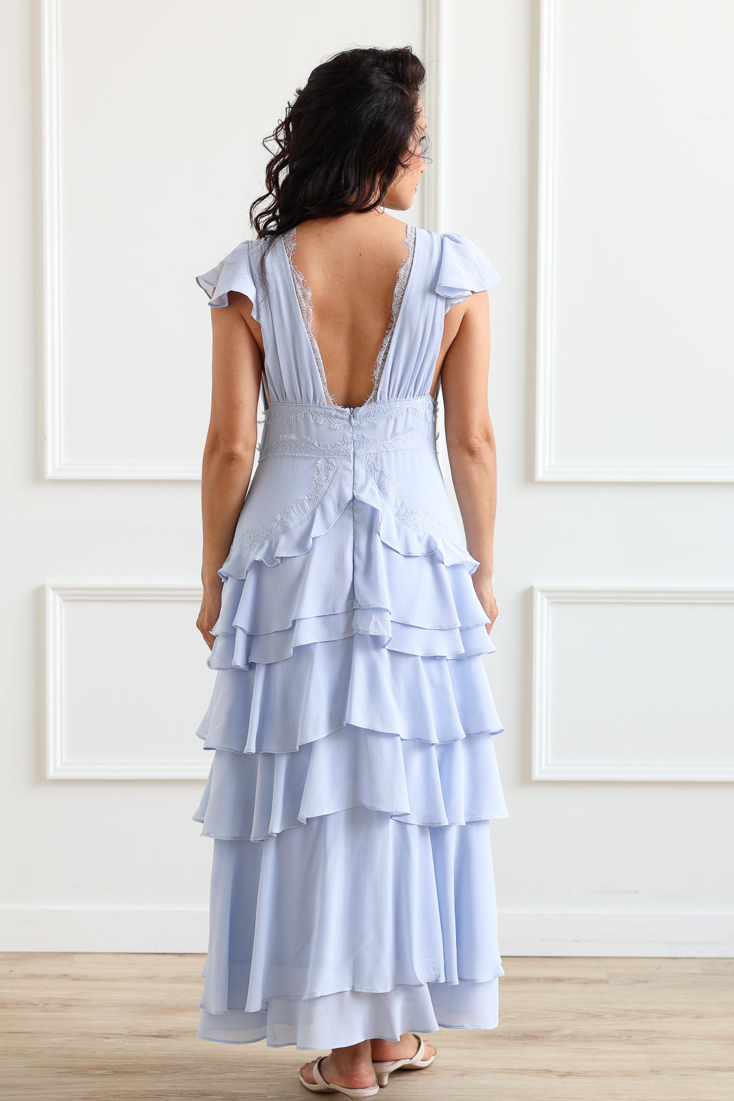 Ruffled Plunge Midi - Cornflower