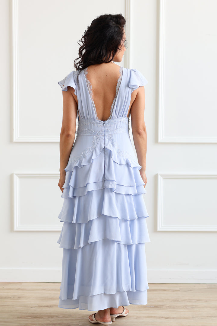 Ruffled Plunge Midi - Cornflower