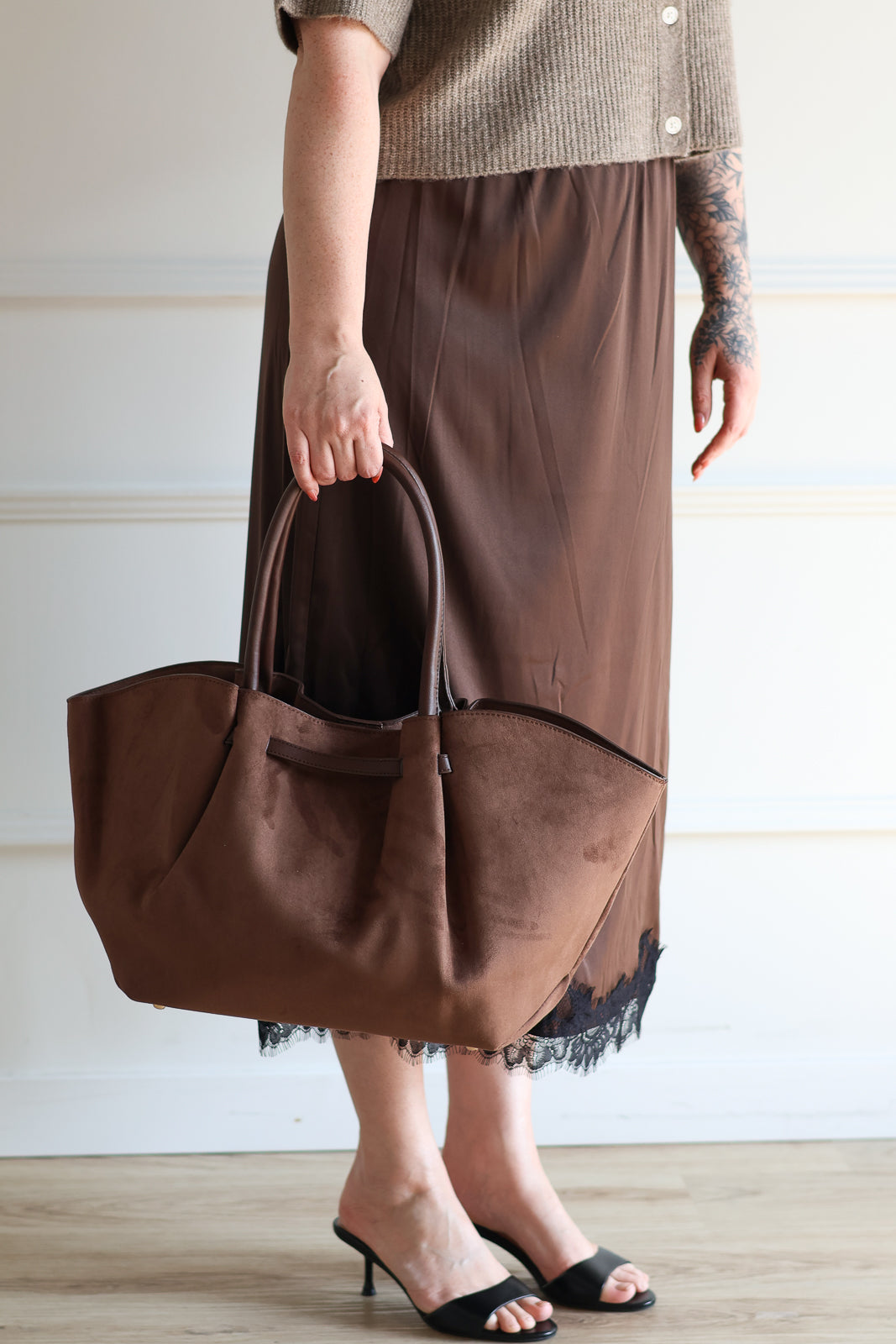 Faux Suede Shopper Tote - French Roast
