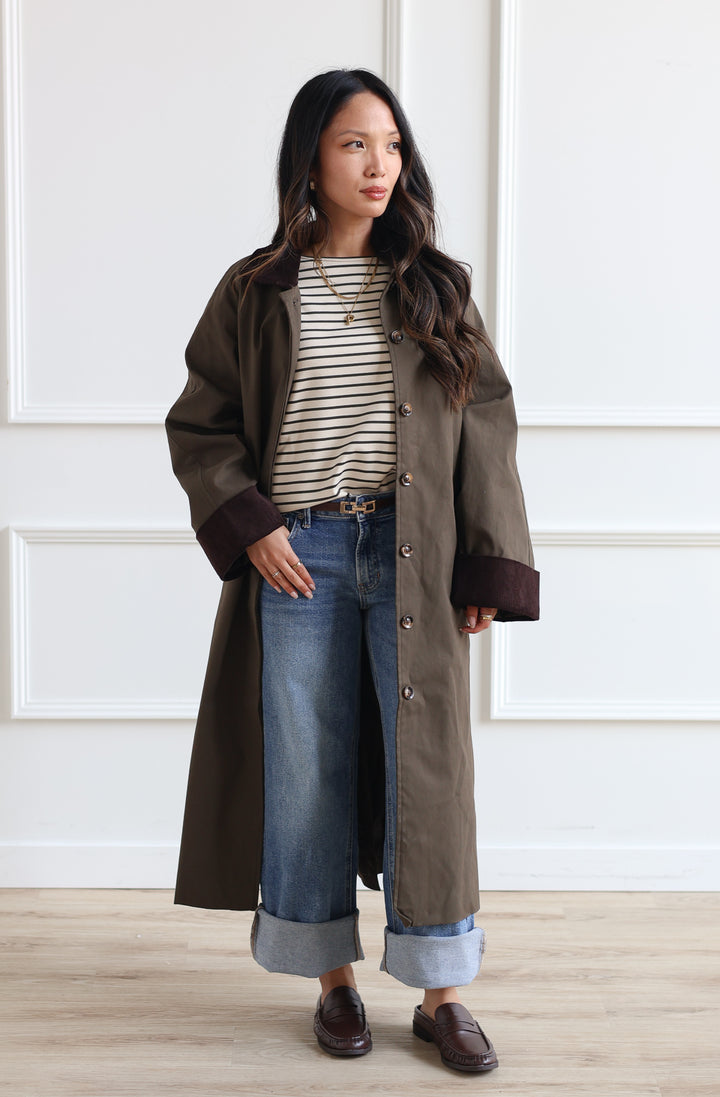 Corduroy Trench Coat - Forest Green