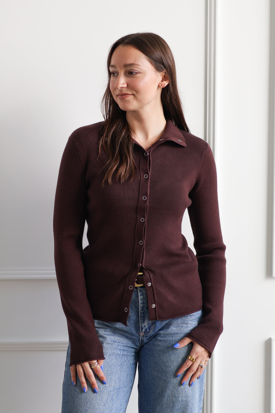 Ribbed Snap Polo - Brown