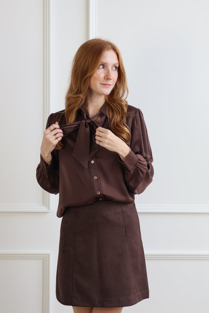 Satin Tie Blouse - Pinecone