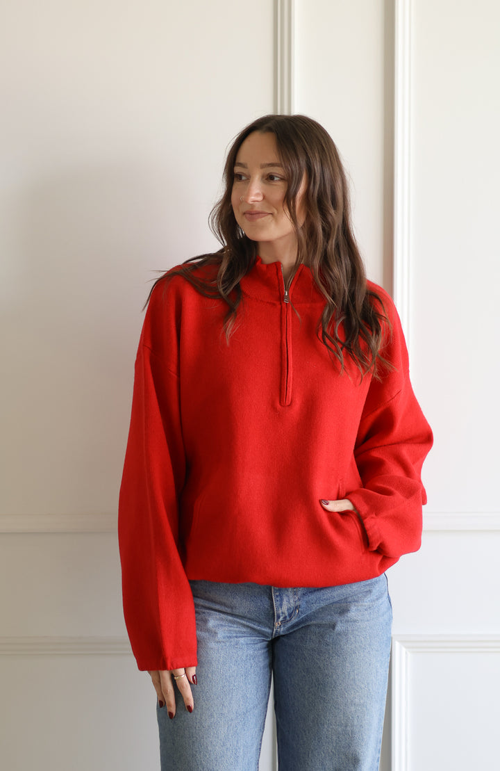 Zip Up Pullover - Cherry Red