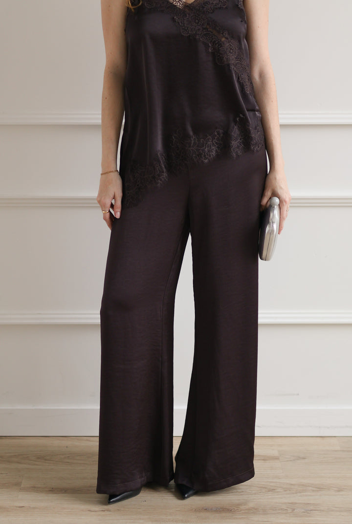 Satin Wide Leg Trouser - Plum