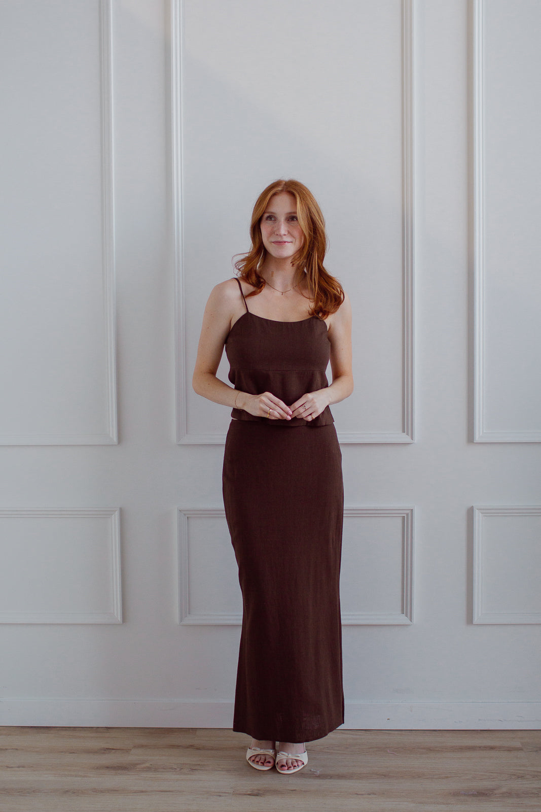 Women's Brown Linen Midi Skirt with Pocket 278101