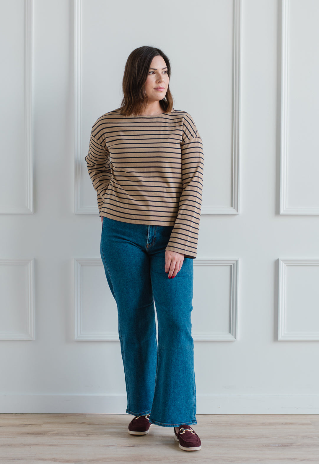 Elevated Striped Long Sleeve - Taupe/Navy