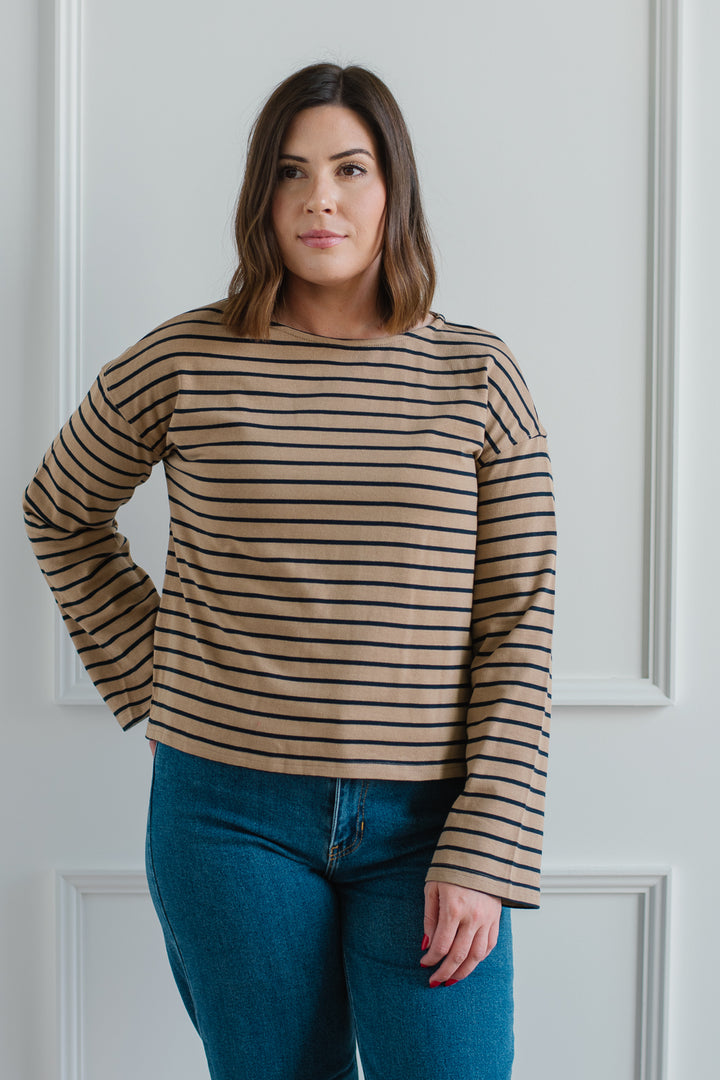 Elevated Striped Long Sleeve - Taupe/Navy