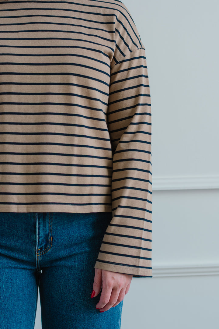 Elevated Striped Long Sleeve - Taupe/Navy