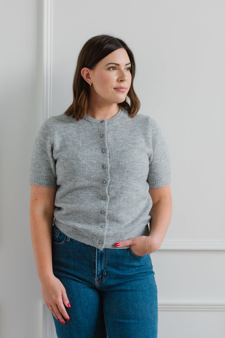 Short Sleeve Button Cardigan - Grey