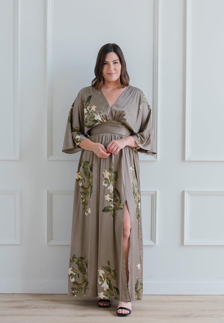 Taupe Satin Floral Maxi