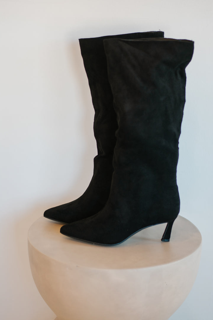 Suede Kitten Heel Boot - Black