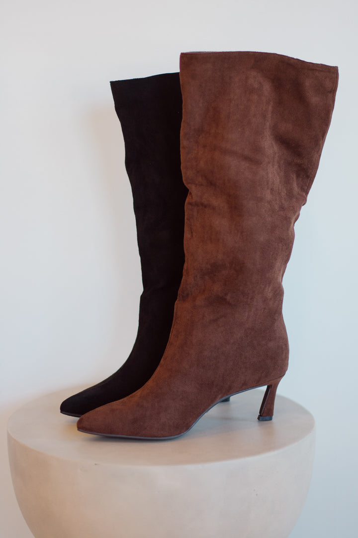 Suede Kitten Heel Boot - Chocolate