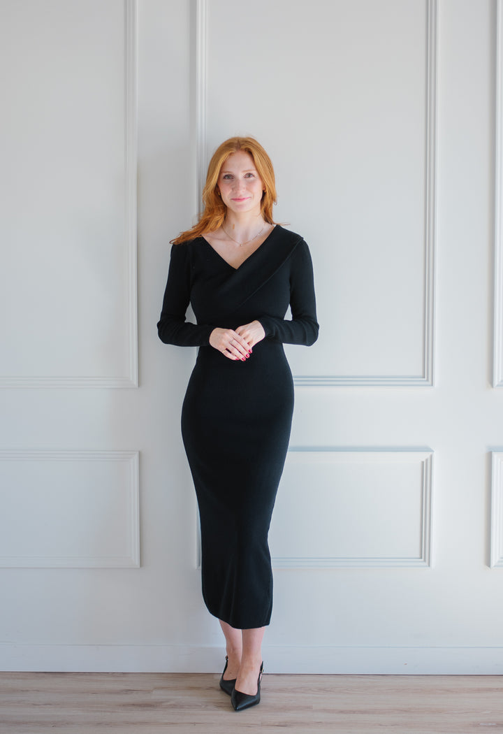 Surplice Black Sweater Dress