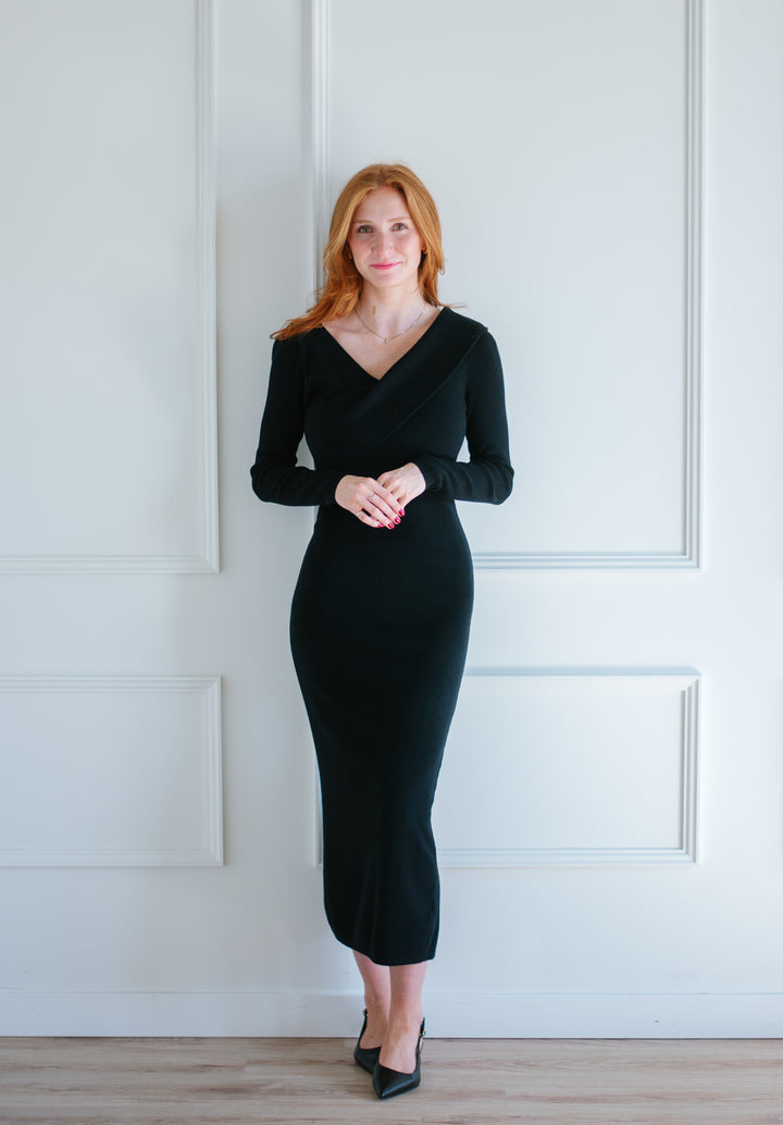 Surplice Black Sweater Dress