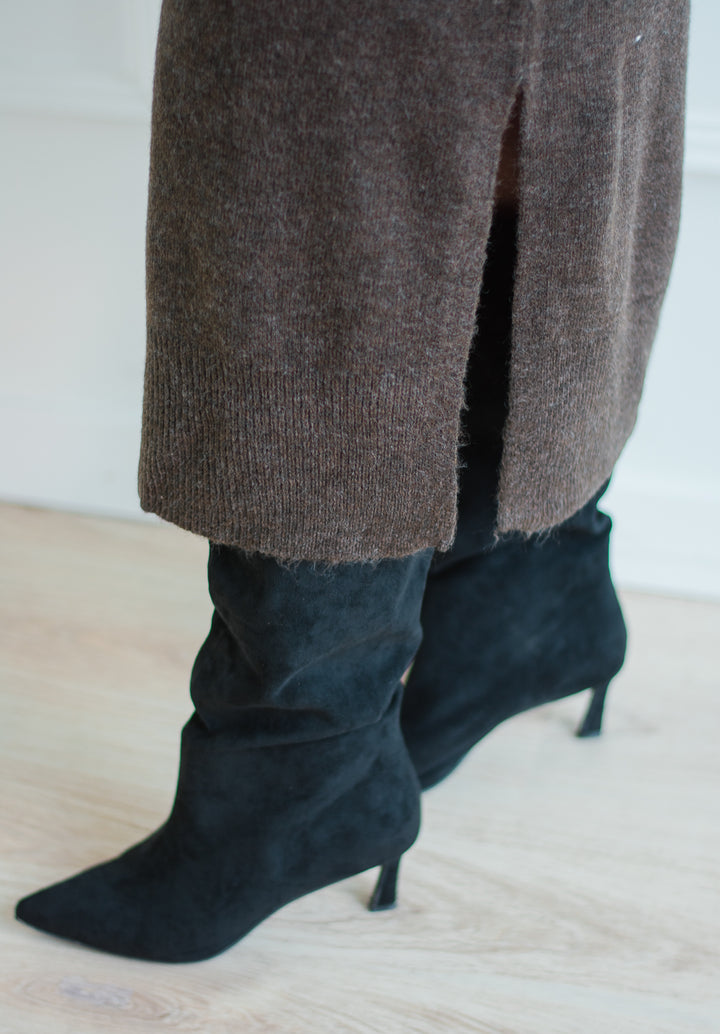 Suede Kitten Heel Boot - Black