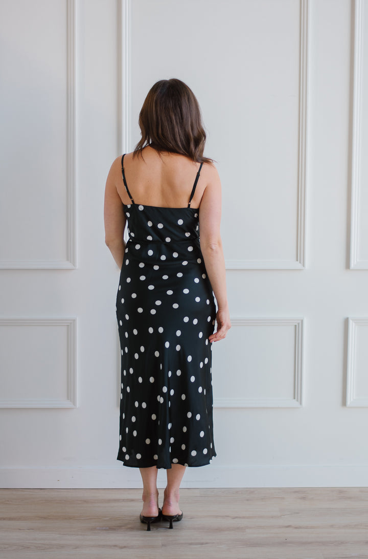 Satin Polka Slip Dress - Black