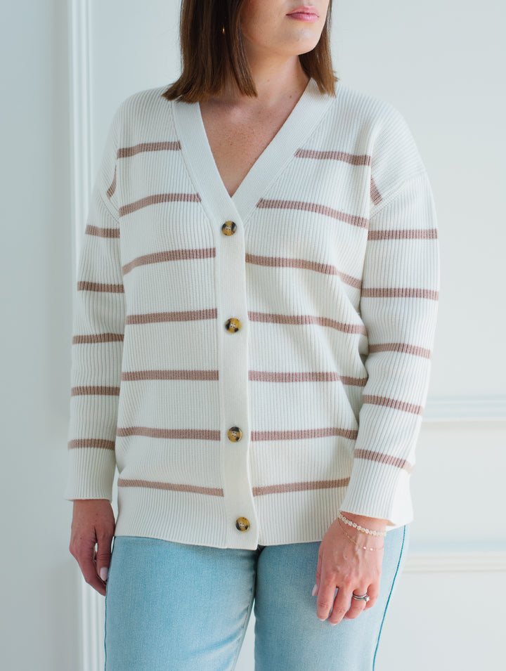 Chunky Knit Cardigan - Mocha Stripe