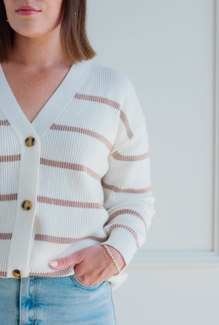 Chunky Knit Cardigan - Mocha Stripe