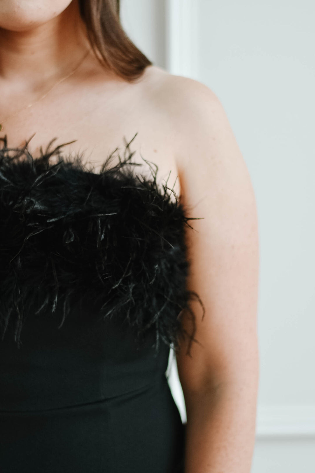 Feather Trimmed Strapless Midi