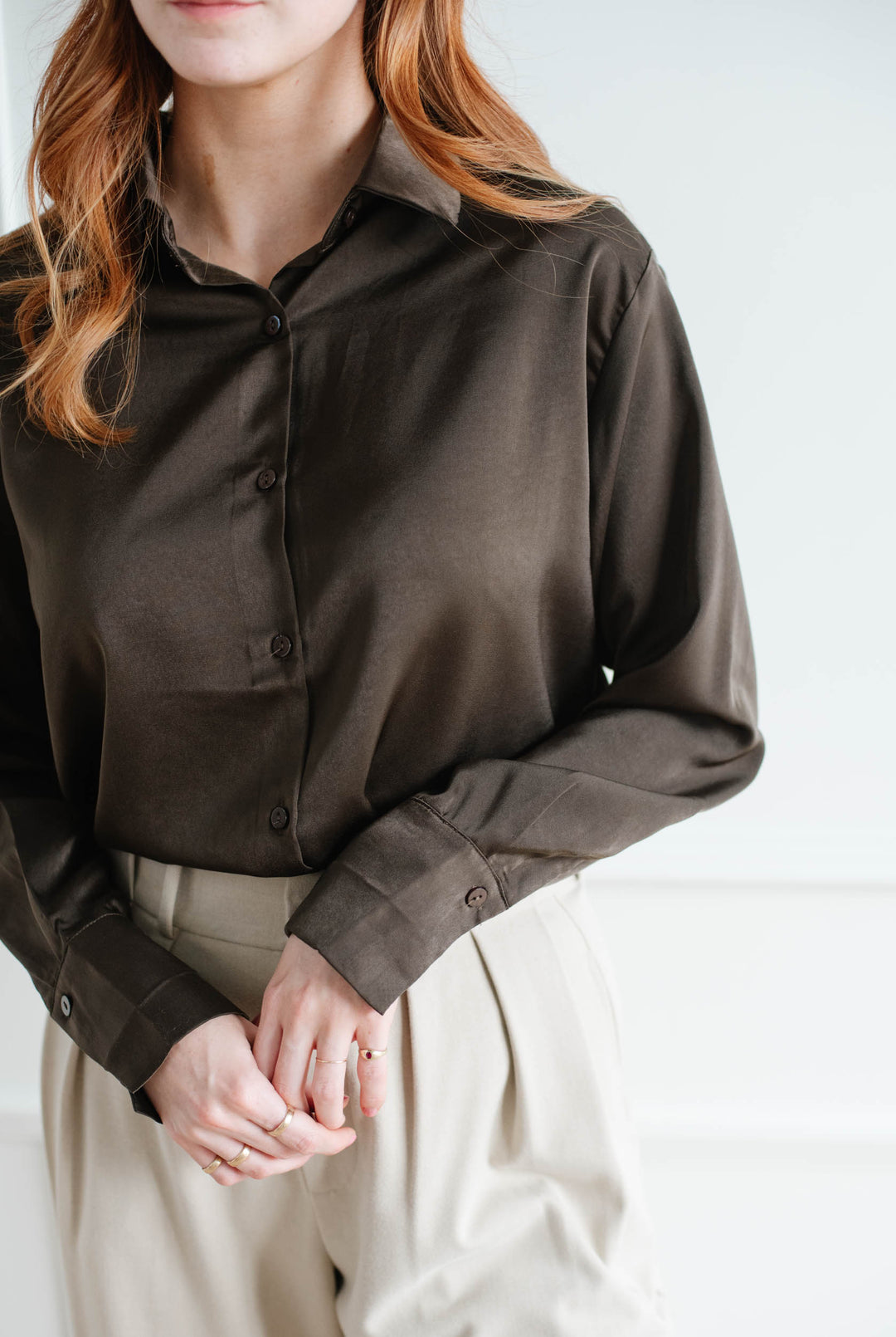 Satin Button Down - Brown