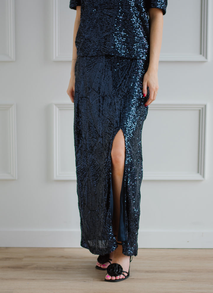 ICHI | Navy Sequin Maxi Skirt