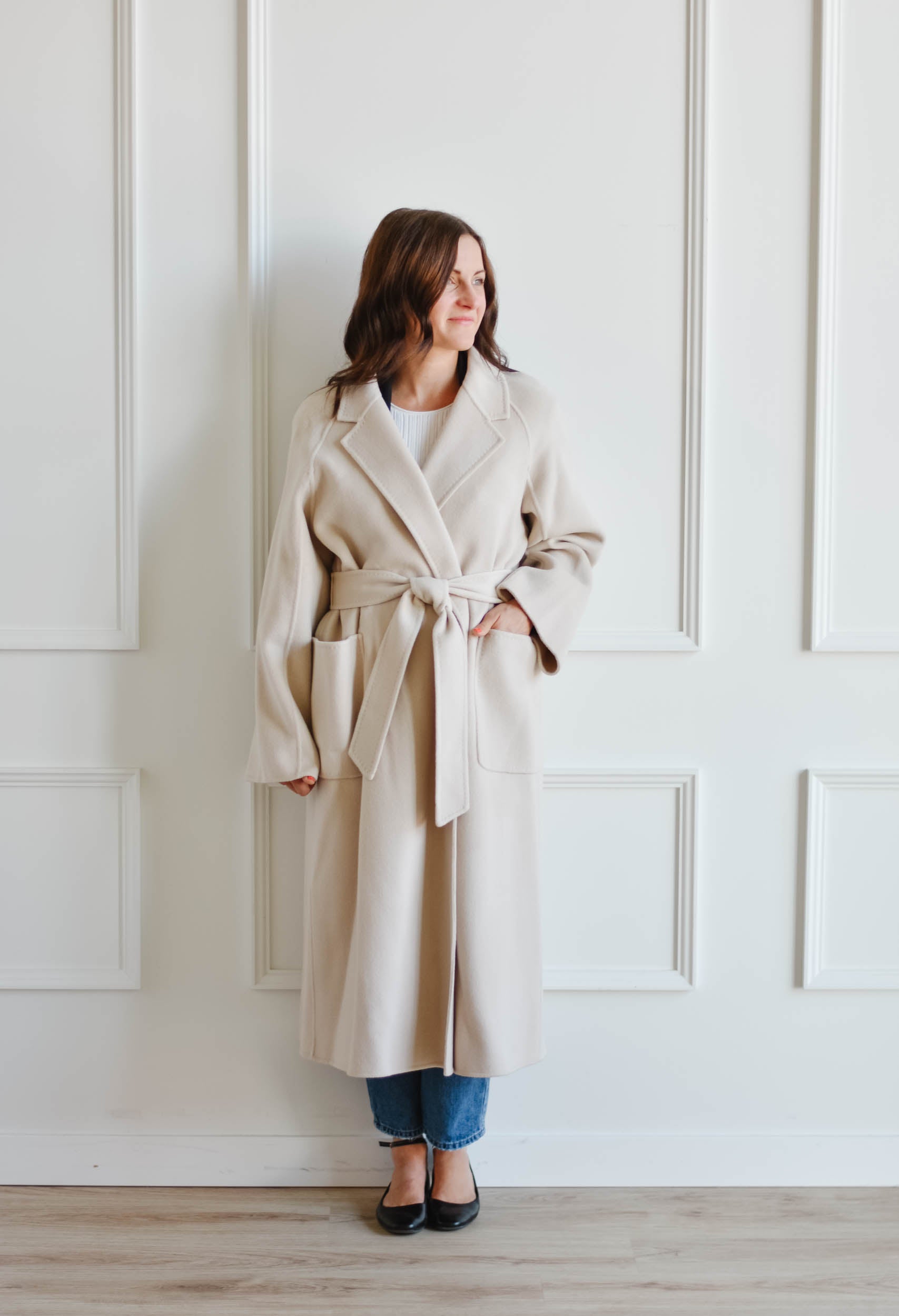 Wool wrap store coat with hood