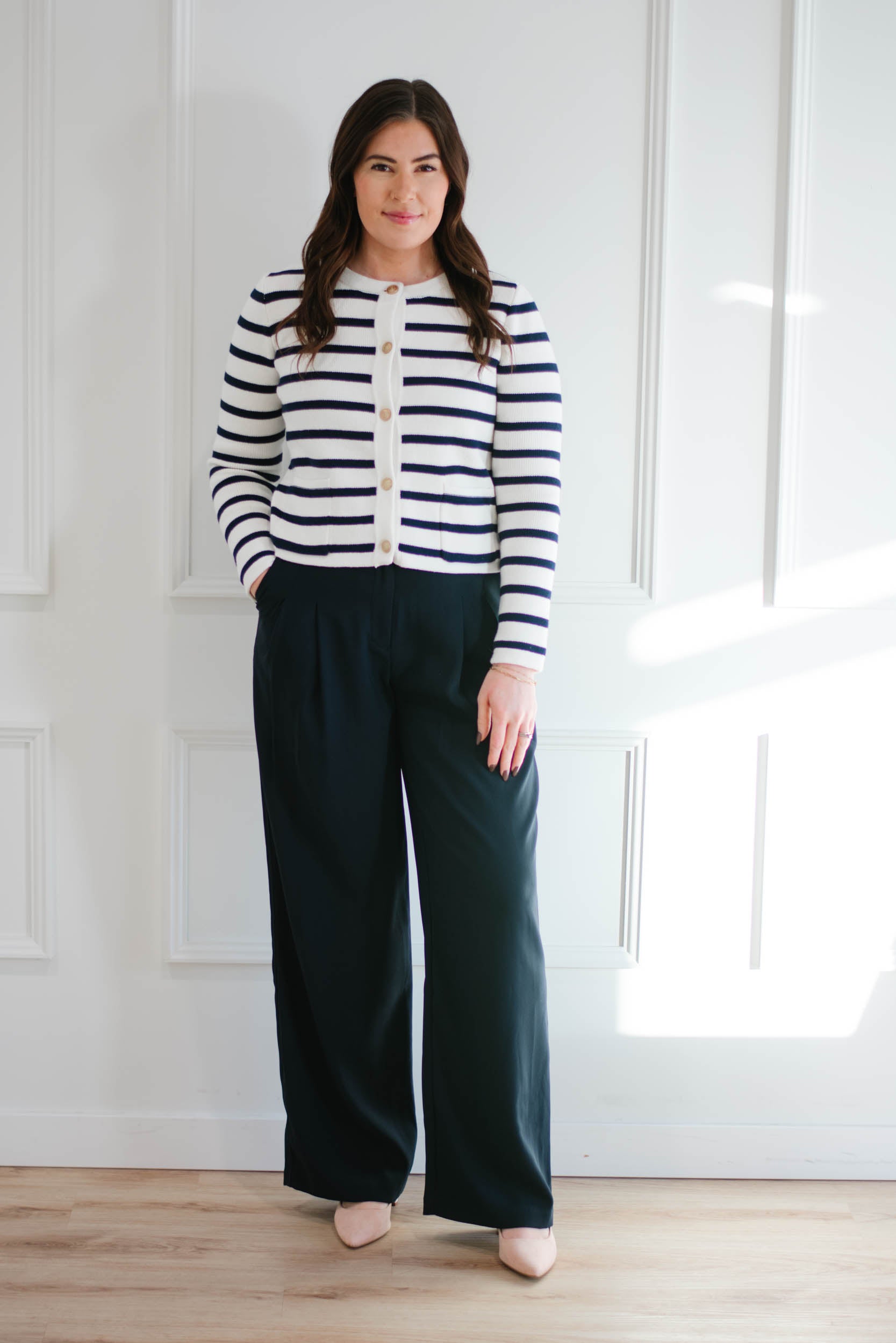 Navy and white clearance striped wide leg trousers