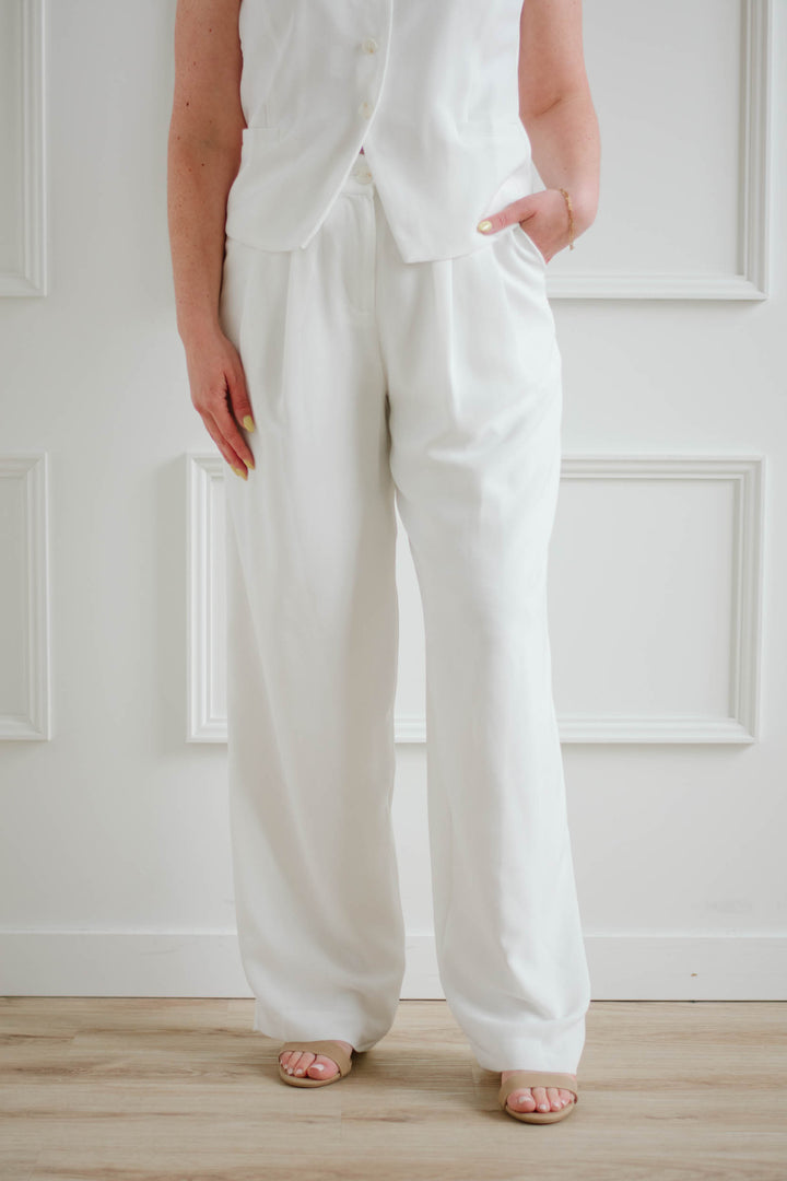 White Pleated Wide Leg Trouser