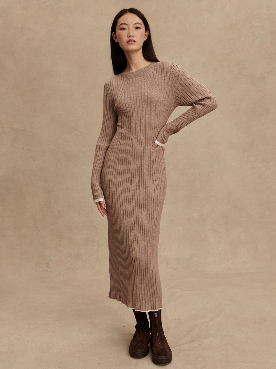 Varley | Axel Rib Knit Midi Dress - Light Taupe Marl