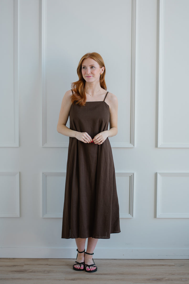 Linen A Line Midi Dress - Brown