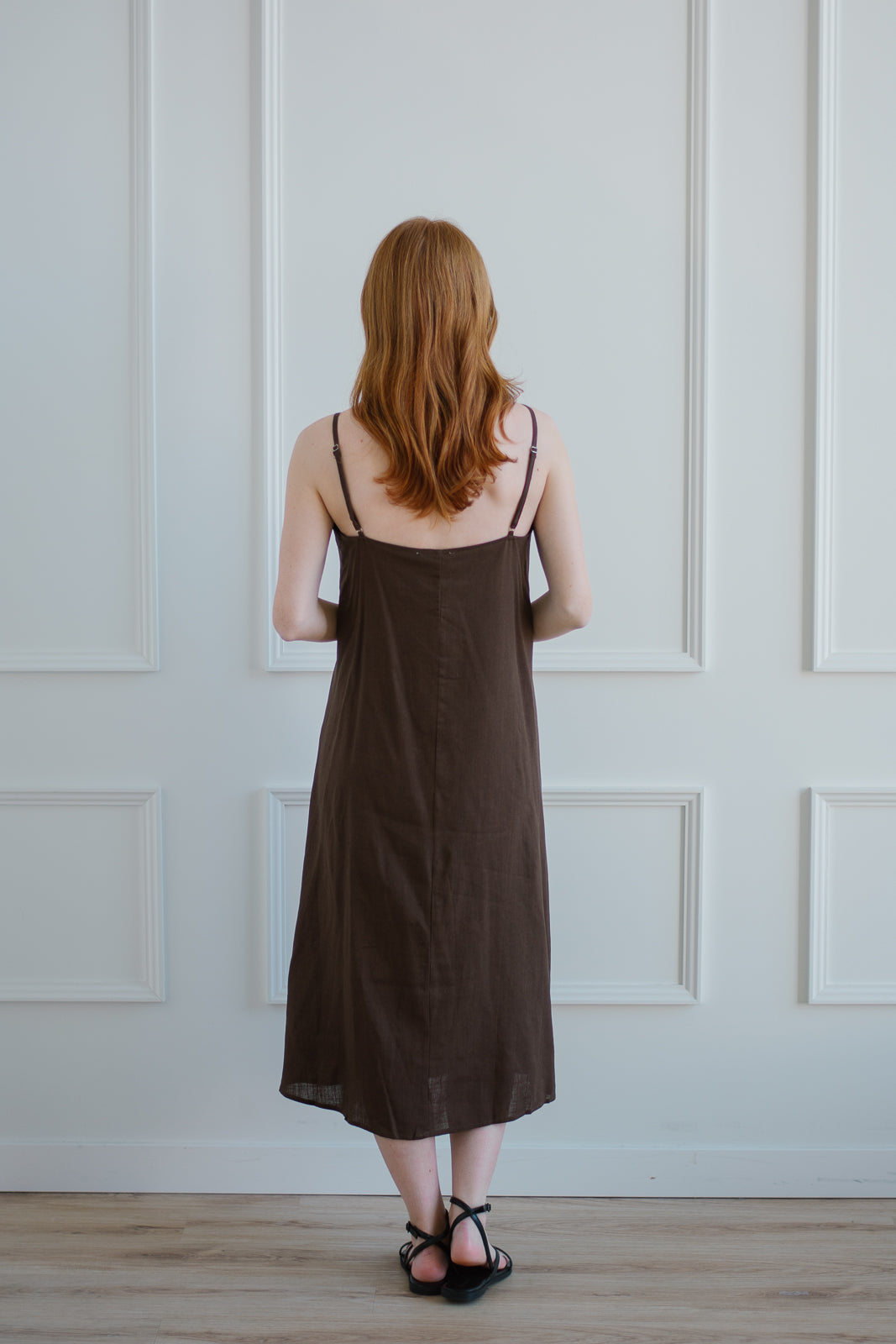 Linen A Line Midi Dress - Brown