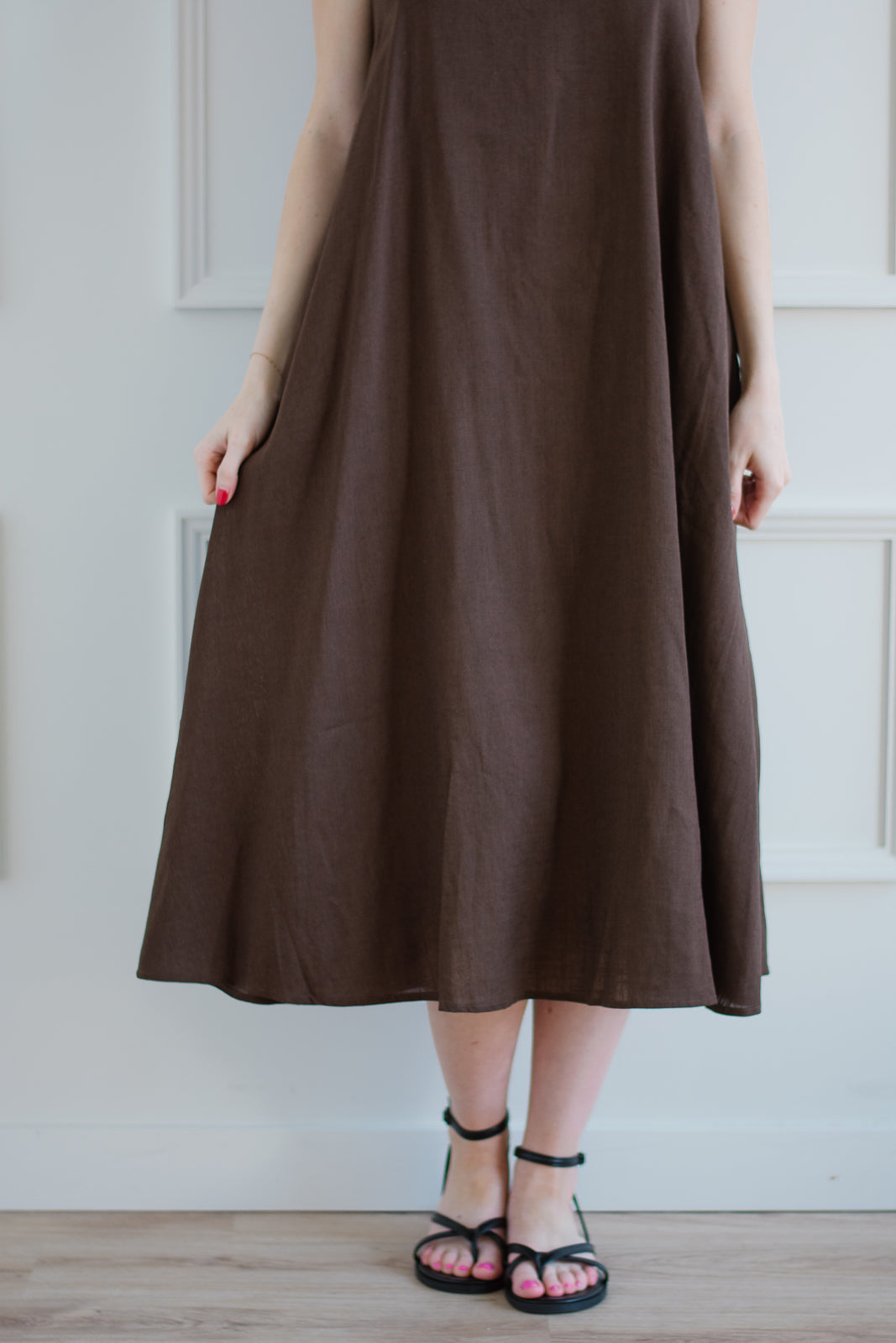 Linen A Line Midi Dress - Brown