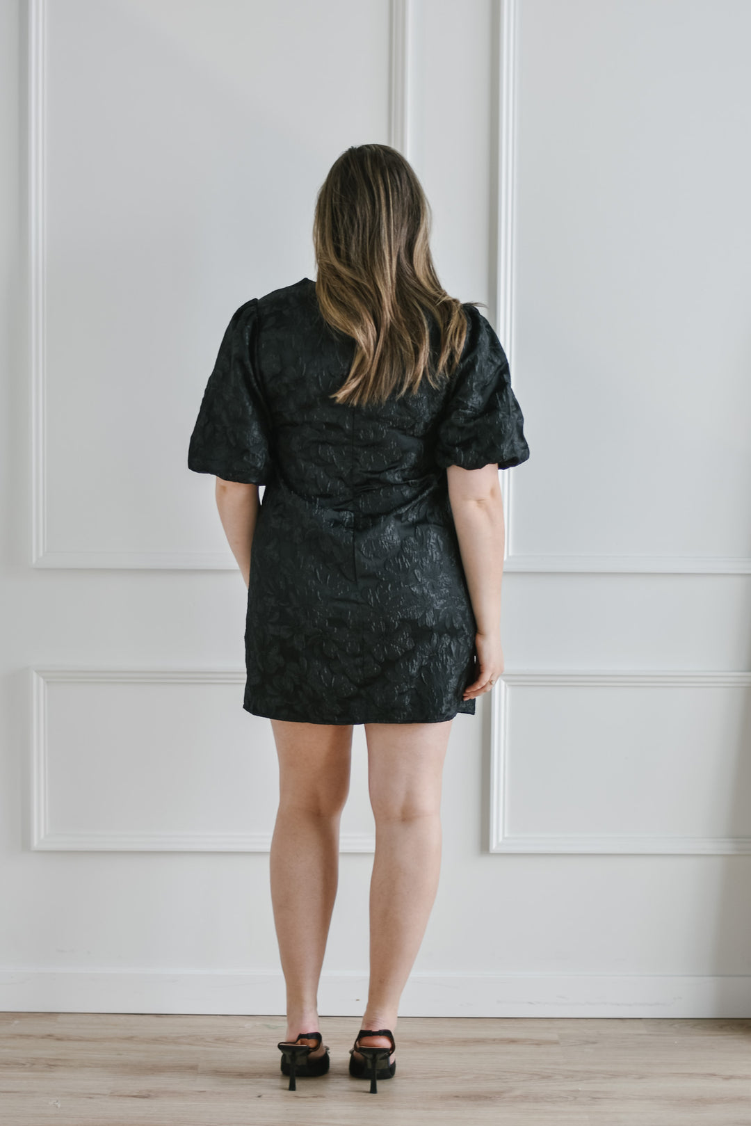 Black Jacquard Floral Puff Dress