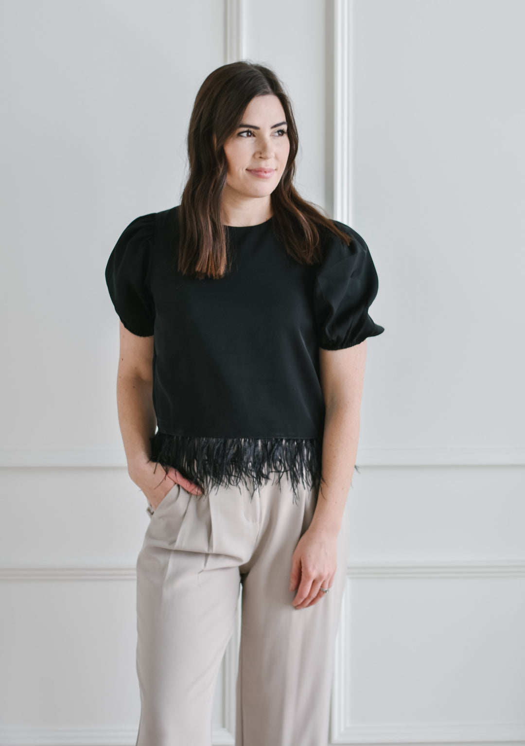 Feather Trim Puff Sleeve Blouse